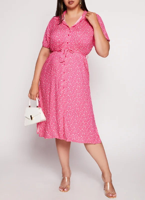 Beaded Midi Dresses for Glam -Plus Size Floral Print Shirt Dress