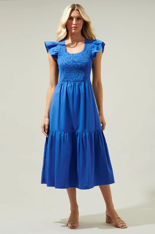 Soft-Cotton Midi Dresses -Ingrid Poplin Smocked Tiered Midi Dress