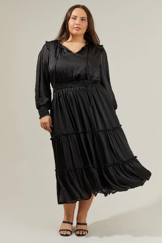 Midi Dresses for Night Picnics -Siete Satin Split Neck Midi Dress Curve