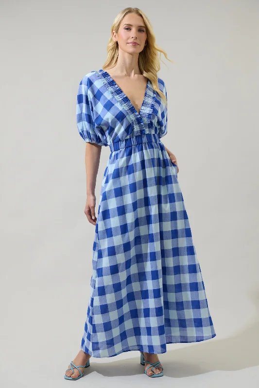 Textured-Cotton Midi Dresses -Hant Plaid V-Neck Midi Dress