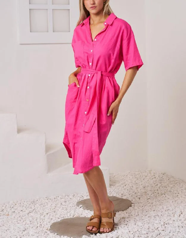 Flounce-Back Midi Dresses -Rove Midi Shirt Dress - Pink