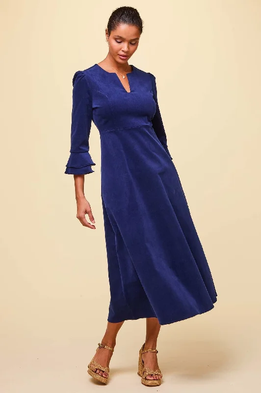 Midi Dresses for Anniversaries -Jocelyn V-Neck 3/4 Sleeve Stretch Corduroy Dress | Atlantic Blue