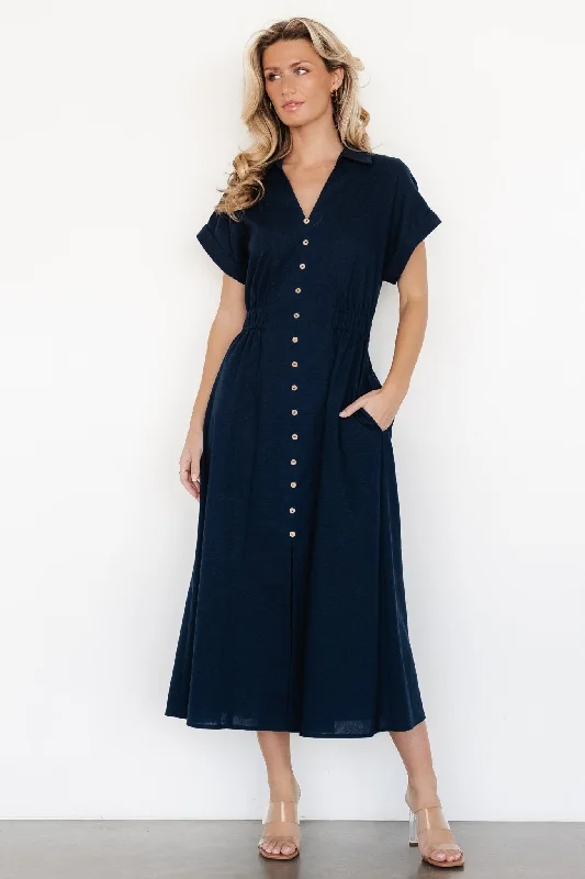 Midi Dresses for Night Fun -Larah Button Dress | Navy Blue