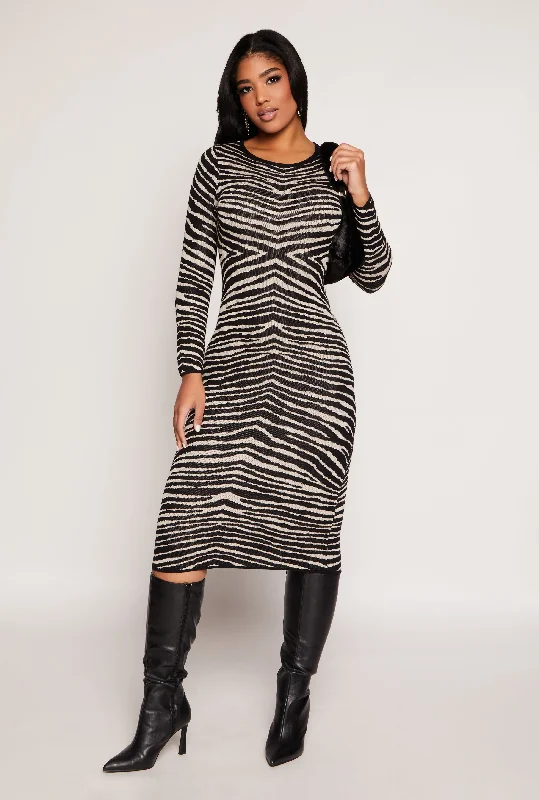 Midi Dresses for Beach Picnics -Almost Famous Zebra Lace Up Back Sweater Dress