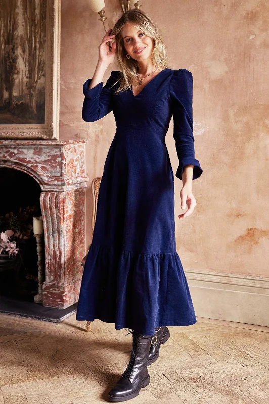 Luxe Midi Dresses for Glam -Victoria V-Neck Long Sleeve Stretch Corduroy Dress | Atlantic Blue