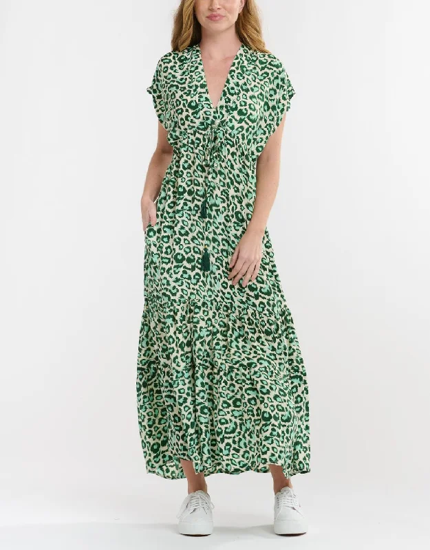 V-Back Midi Dresses -Patchwork Midi Dress - Green Leopard