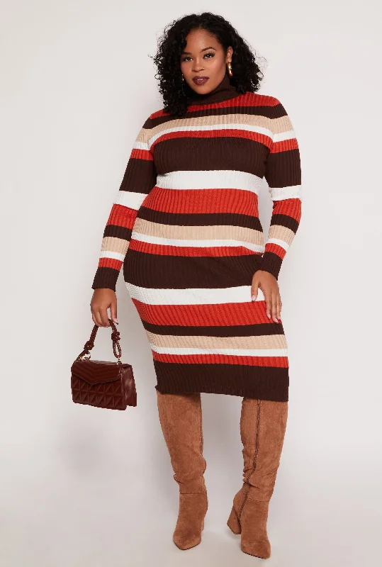 Midi Dresses for Warm Days -Plus Size Almost Famous Striped Turtleneck Sweater Dress