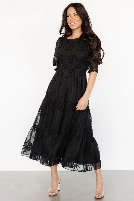 Midi Dresses for Patio Fun -Nellie Smocked Midi Dress | Black