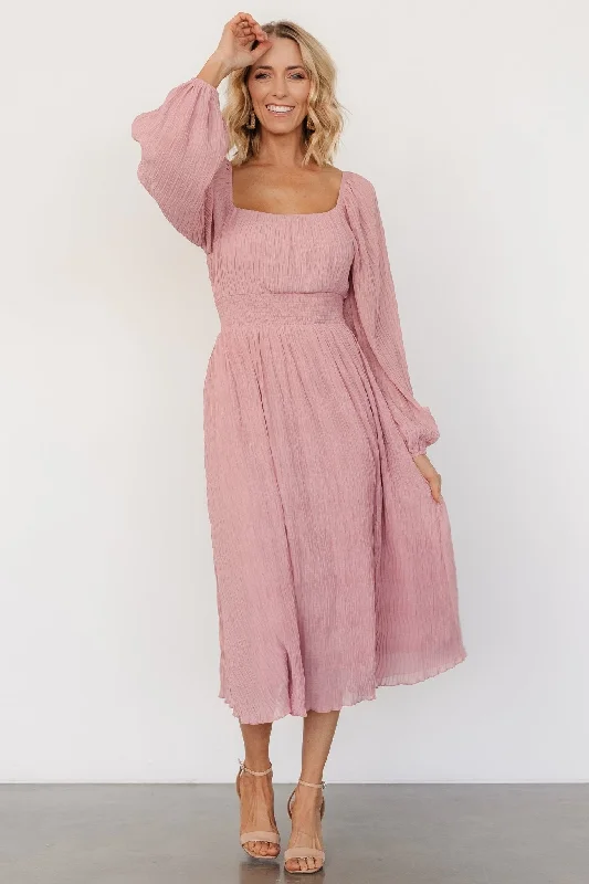 Plush-Silk Midi Dresses -Dalton Pleated Midi Dress | Blush