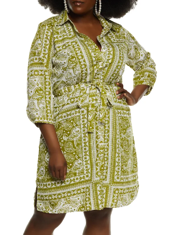 Breezy Midi Dresses for Ease -Plus Size Paisley Print Belted Shirt Dress