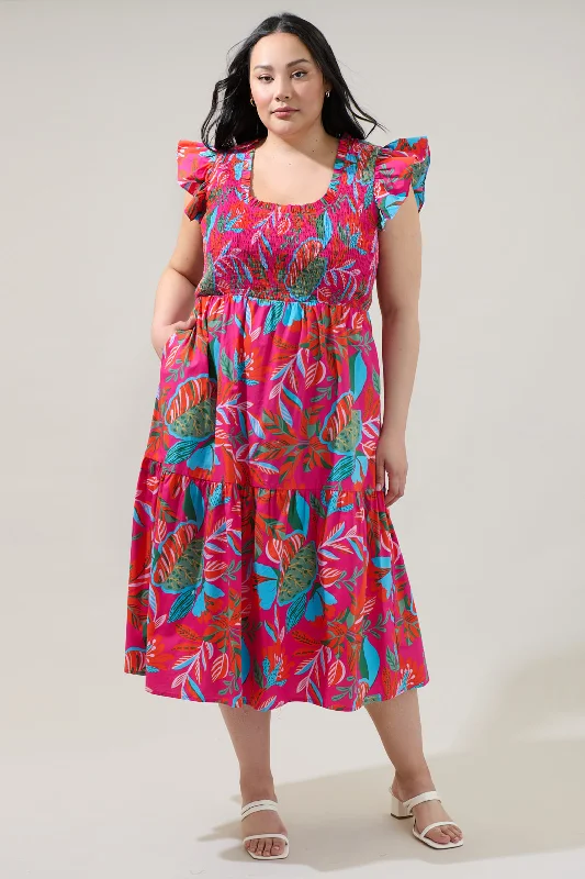 Chic-Print Midi Dresses -Cactus Blossom Giza Glare Smock Tiered Midi Dress Curve