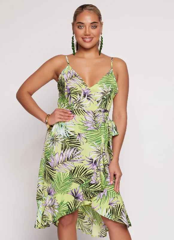 Midi Dresses for Food Events -Tropical Print Faux Wrap Tulip Hem Dress