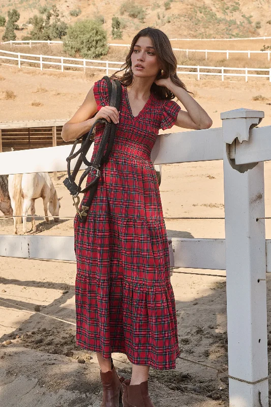 Midi Dresses for Patio Fun -Arvada Plaid Sunfire Smocked Bodice Tiered Midi Dress