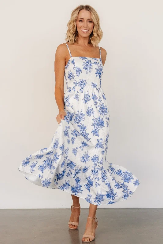 Tie-Back-Design Midi Dresses -Cherie Jacquard Dress | Off White + Blue Floral