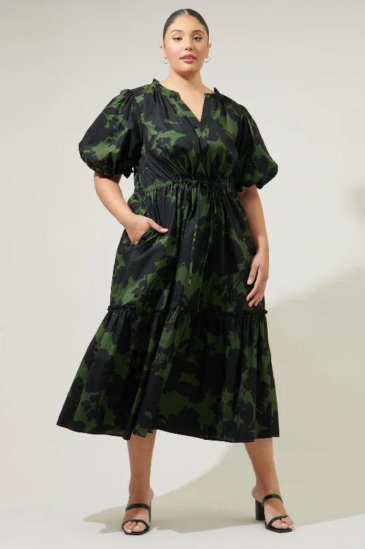 Midi Dresses for Club Nights -Night Moss Ginny Bubble Sleeve Midi Dress Curve