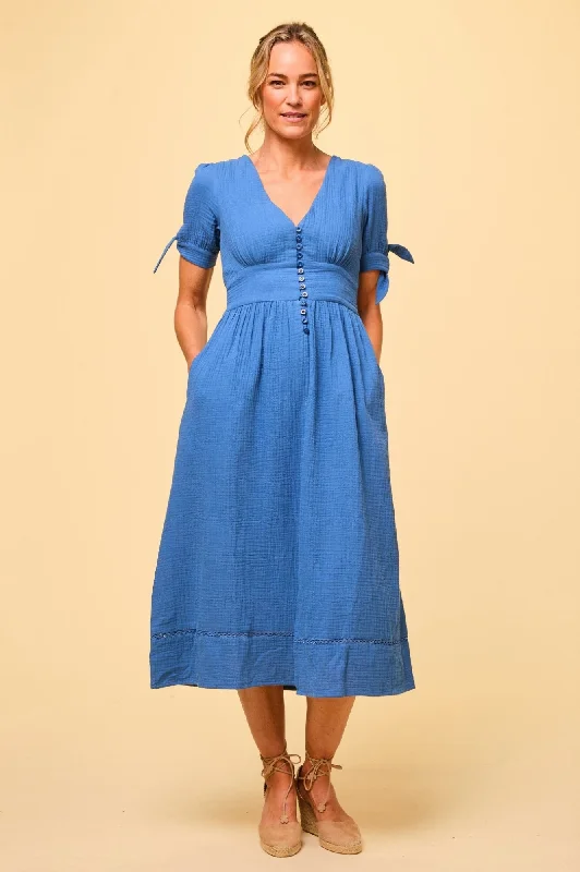 Light Cotton Midi Dresses -Olga Cheesecloth Dress | Marina Blue