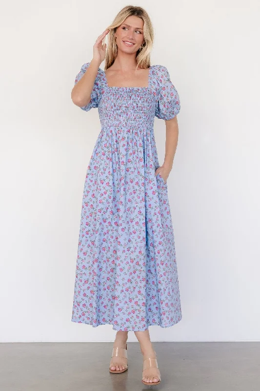 Midi Dresses for Fall Fun -Haddie Smocked Midi Dress | Light Blue + Rose Floral