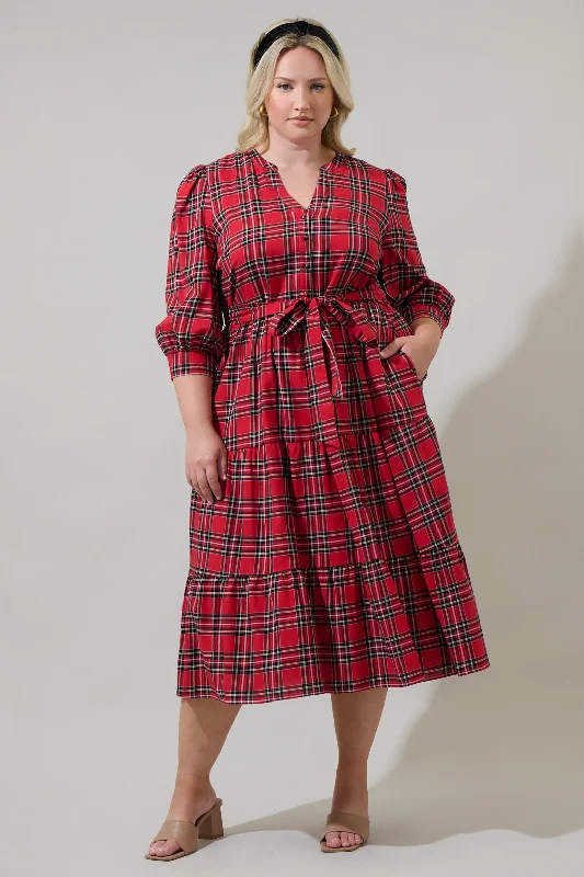 Navy Midi Dresses for Nights -Boswell Tartan Plaid Yanis Button Up Midi Dress Curve