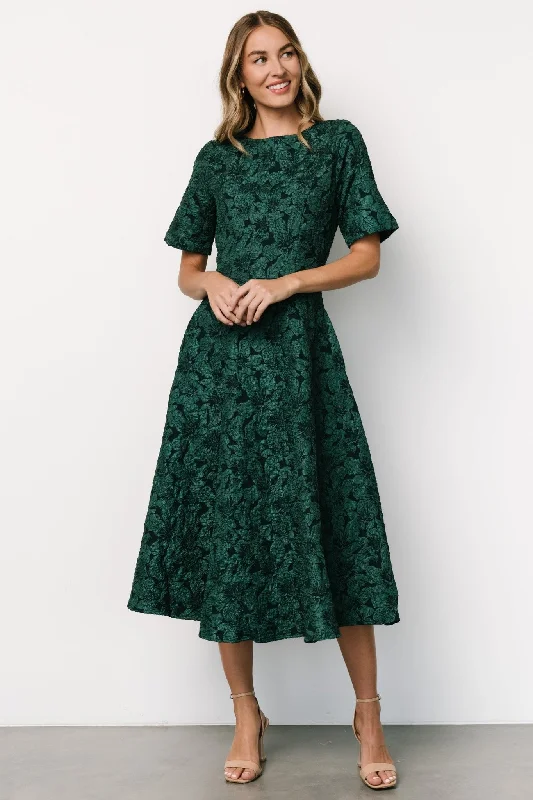 Midi Dresses for Casual Fun -Kya Embossed Midi Dress | Emerald Green