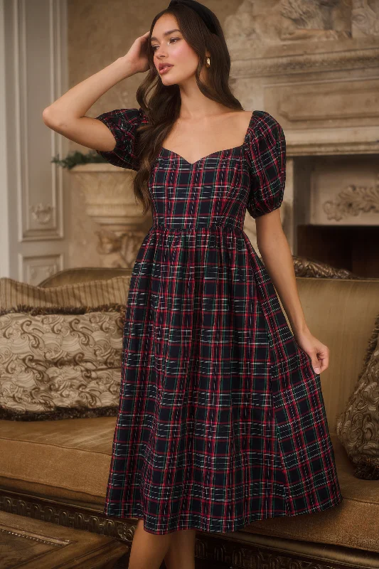 Midi Dresses for Autumn Events -Arvada Plaid Alessi Puff Sleeve Midi Dress