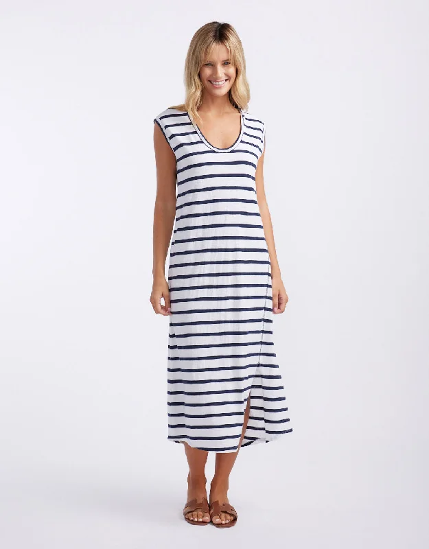 Paisley Midi Dresses for Boho -Cali Tank Dress - White/Navy Stripe