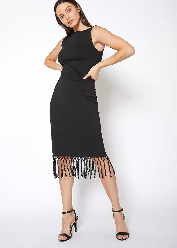 Midi Dresses for Club Fun -Tassel Hem Sleeveless Midi Bodycon Dress in Black