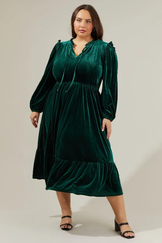 Midi Dresses for Urban Evenings -Charleston Ruffle Velvet Midi Dress Curve