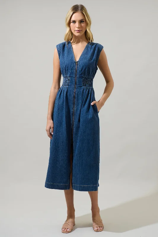 Lace-Back Midi Dresses -Gabriella Denim Lula Sleeveless Smocked Midi Dress