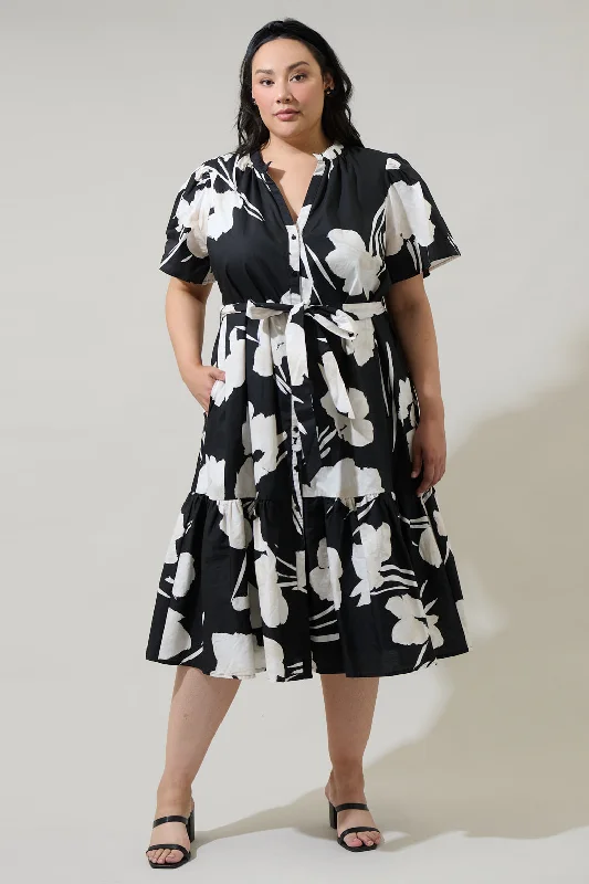 Midi Dresses for Day Dates -Shadow Floral Cora Button Up Midi Dress Curve