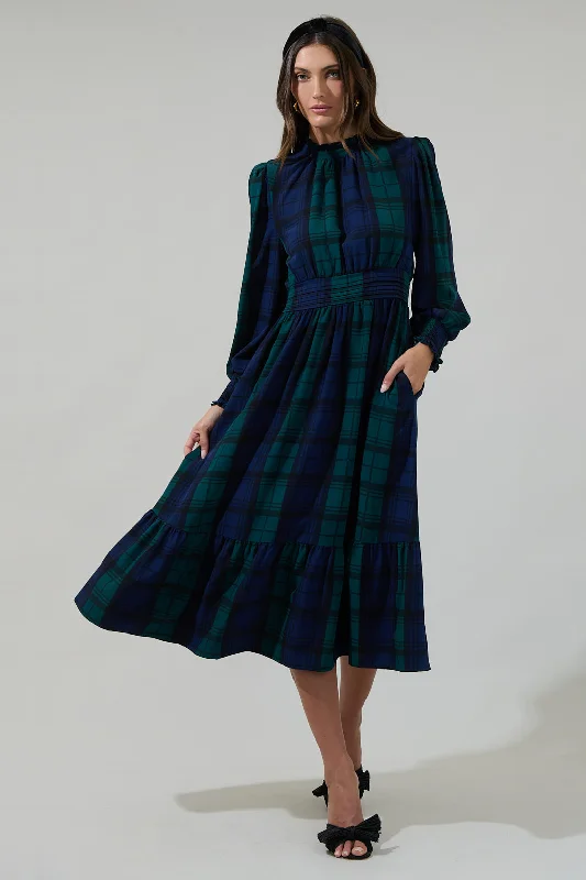 Sparkly Midi Dresses for Nights -Hudson Plaid Caitlyn Smock Sleeve Midi Dress