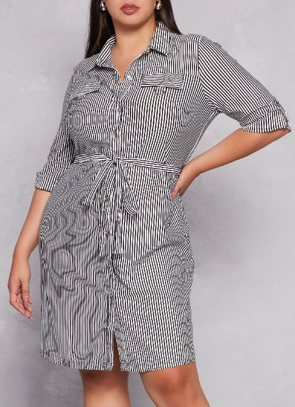 Off-Shoulder Midi Dresses -Plus Size Striped Button Front Belted Shirt Dress