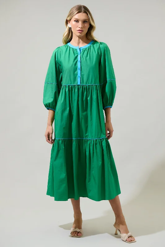 Midi Dresses for Park Picnics -Saddy Long Sleeve Button Up Midi Dress