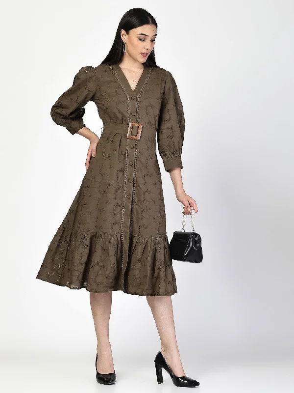 Neutral-Hue Midi Dresses -Dark Olive Schiffli Waist Tie Up Midi Dress