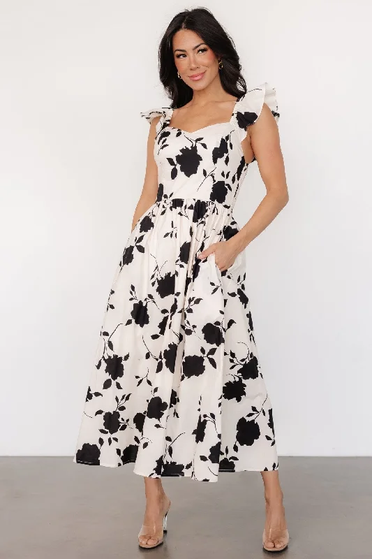 Mesh-Edge Midi Dresses -Bridget Midi Dress | Ivory + Black Floral