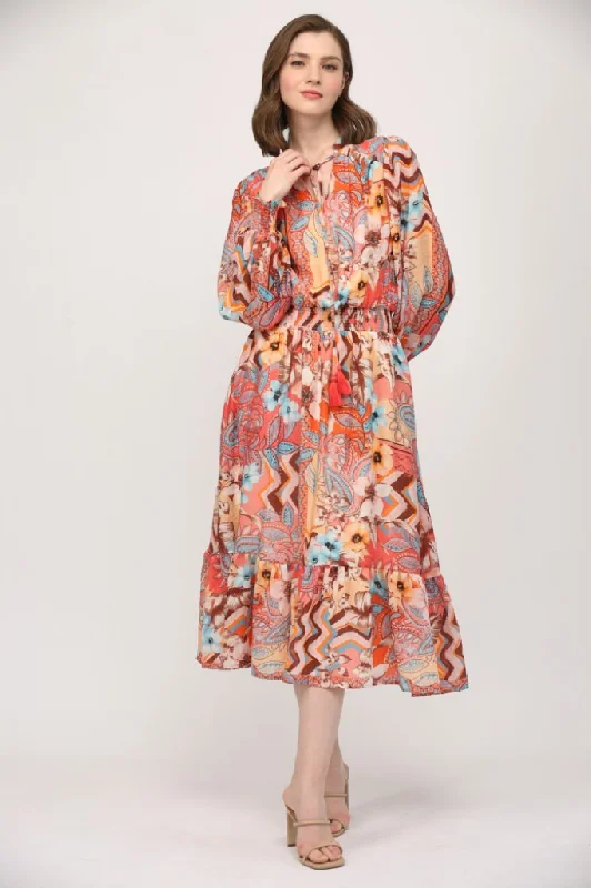 Midi Dresses for Dance Chill -Fall Floral Patchwork Midi Dress