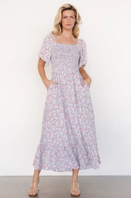 Scoop-Edge Midi Dresses -Lyssa Smocked Dress | Dusty Blue Floral