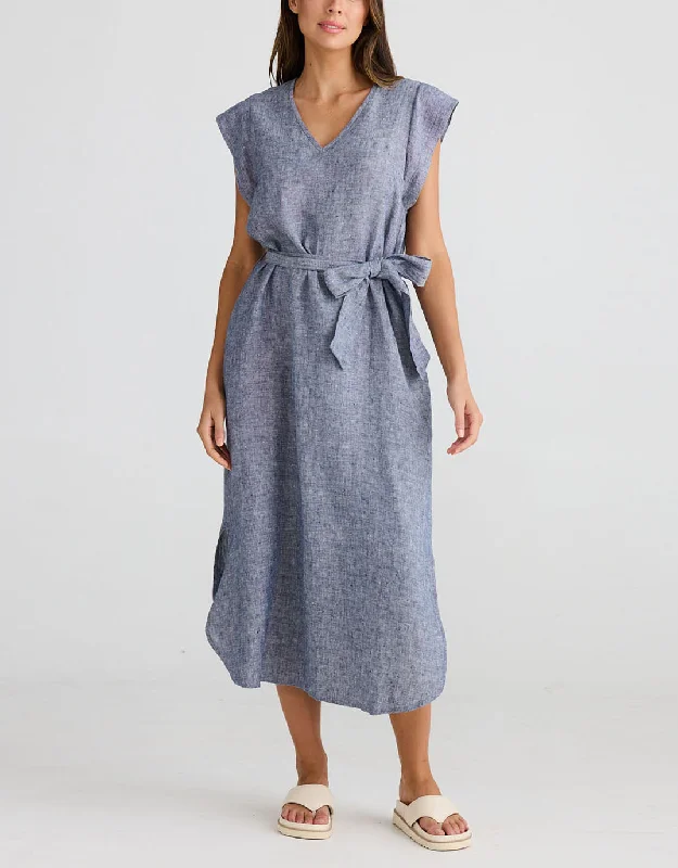 Midi Dresses for Night Eats -Sebou Linen Midi Dress - Navy Fleck