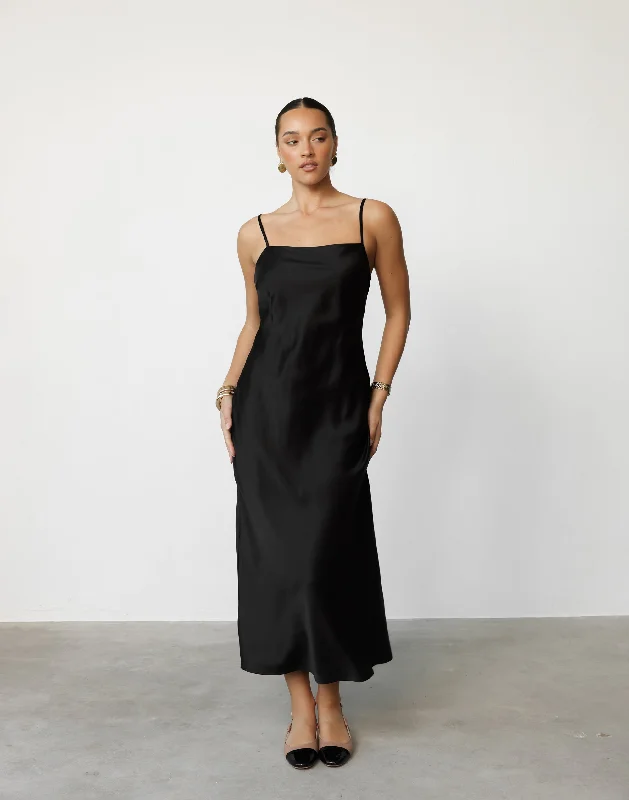 Shirred Midi Dresses for Fit -Idalia Midi Dress (Black)