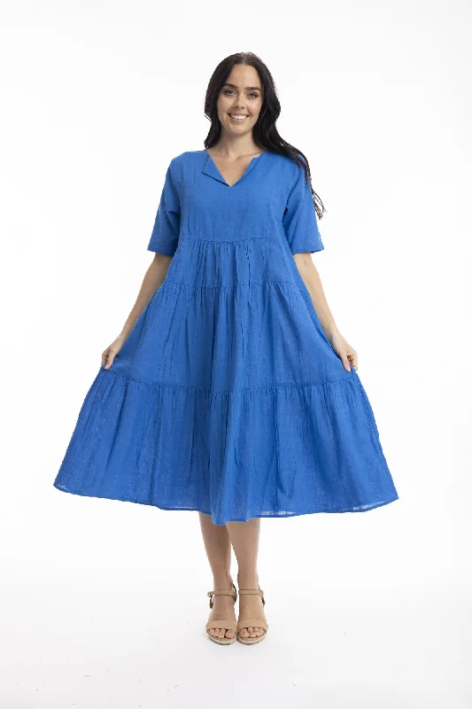 Mock-Neck Midi Dresses -Cotton Layered Midi Dress - Electric Blue