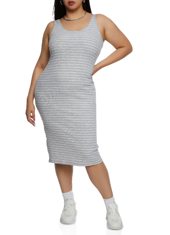 Midi Dresses for Game Evenings -Plus Size Rib Knit Striped Midi Tank Dress