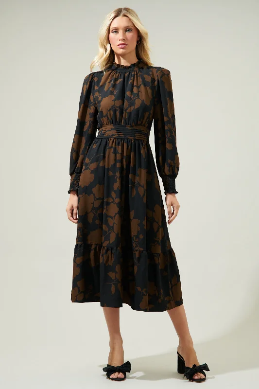 Tied-Sleeve Midi Dresses -Toffee Floral Caitlyn Smock Sleeve Midi Dress