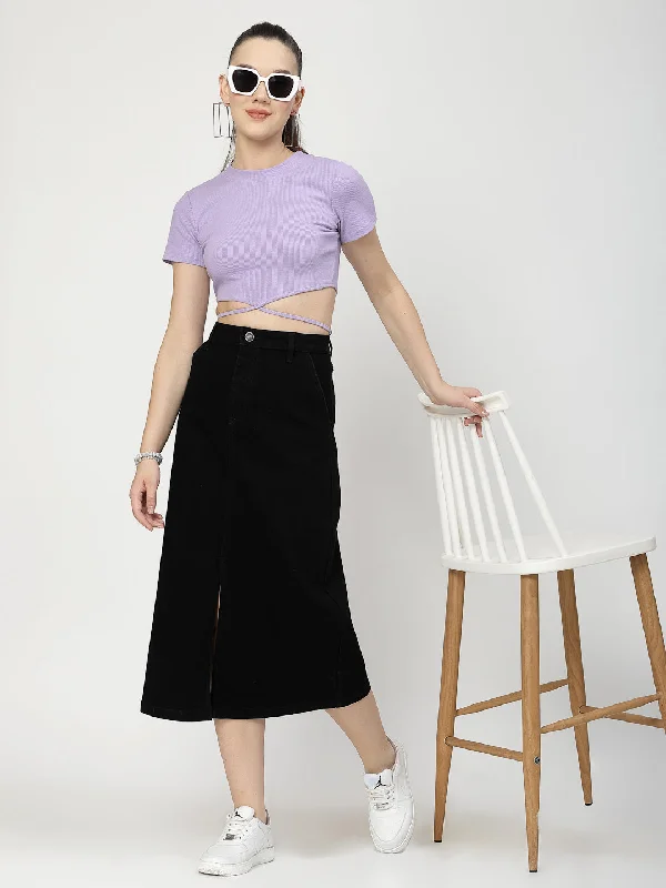 Midi Dresses for Club Chill -Front Slit Black Cotton Denim Midi Skirt With Pocket