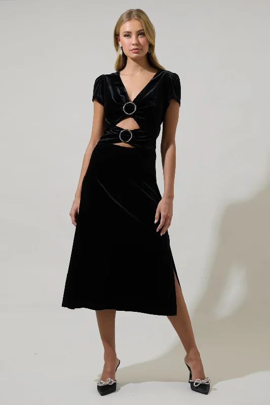 Midi Dresses with Wrap Designs -Fridley Velvet Cut Out Midi Dress