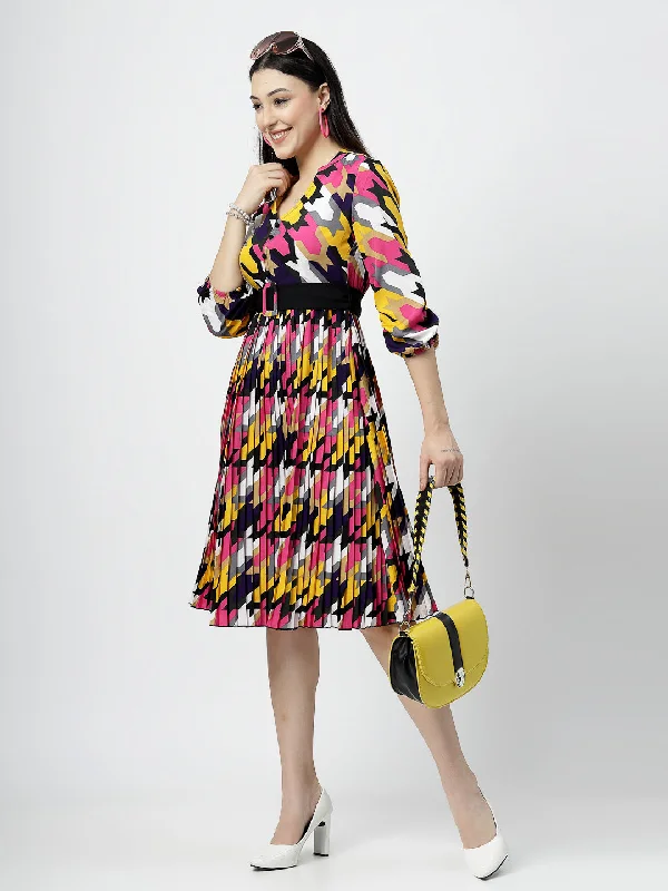 Midi Dresses for Fall Fun -V-neck with Band Collar Multi Print Pleated Midi Dress And Belt