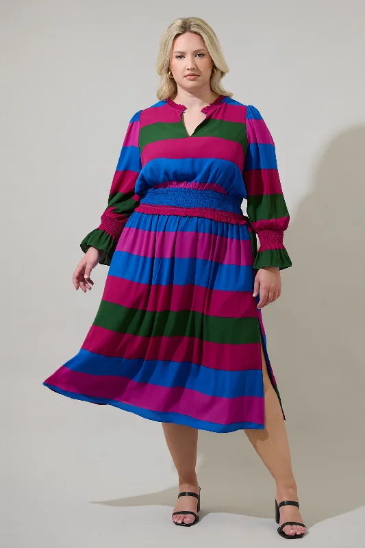 Midi Dresses for Roof Chill -Saige Striped Ria Smocked Midi Dress Curve