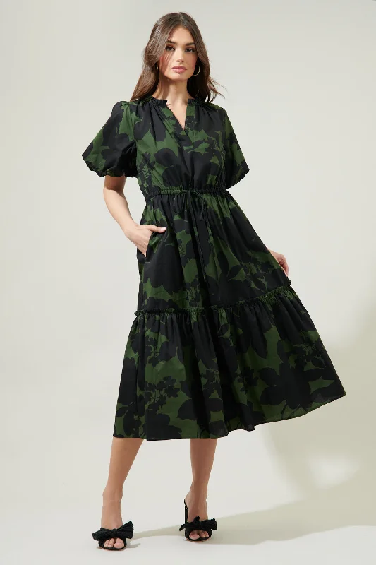 Midi Dresses for Fun Trips -Night Moss Ginny Bubble Sleeve Midi Dress