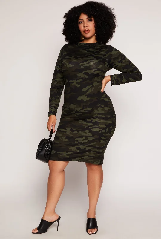 Dark Midi Dresses for Evenings -Plus Size Camo Long Sleeve Dress