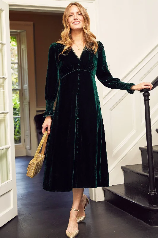 Midi Dresses for Evening Wear -Long Sleeve Velvet Sally Anne | Emerald