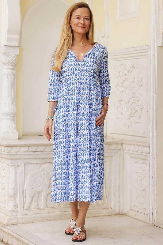 Bell-Sleeve Midi Dresses -Emma Cotton Dress | Tear Drop Flower White/Blue