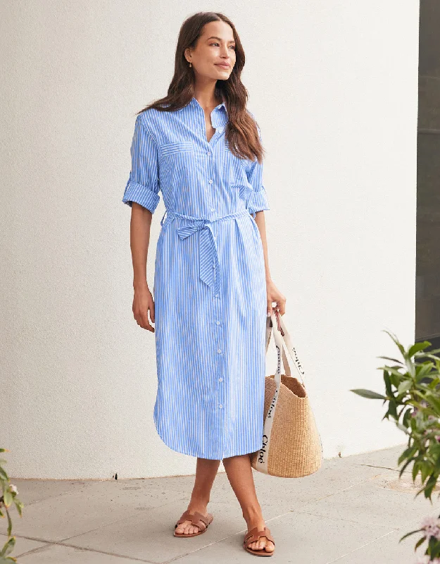 Pleated-Front Midi Dresses -Hayley Shirt Dress - Blue/White Stripe